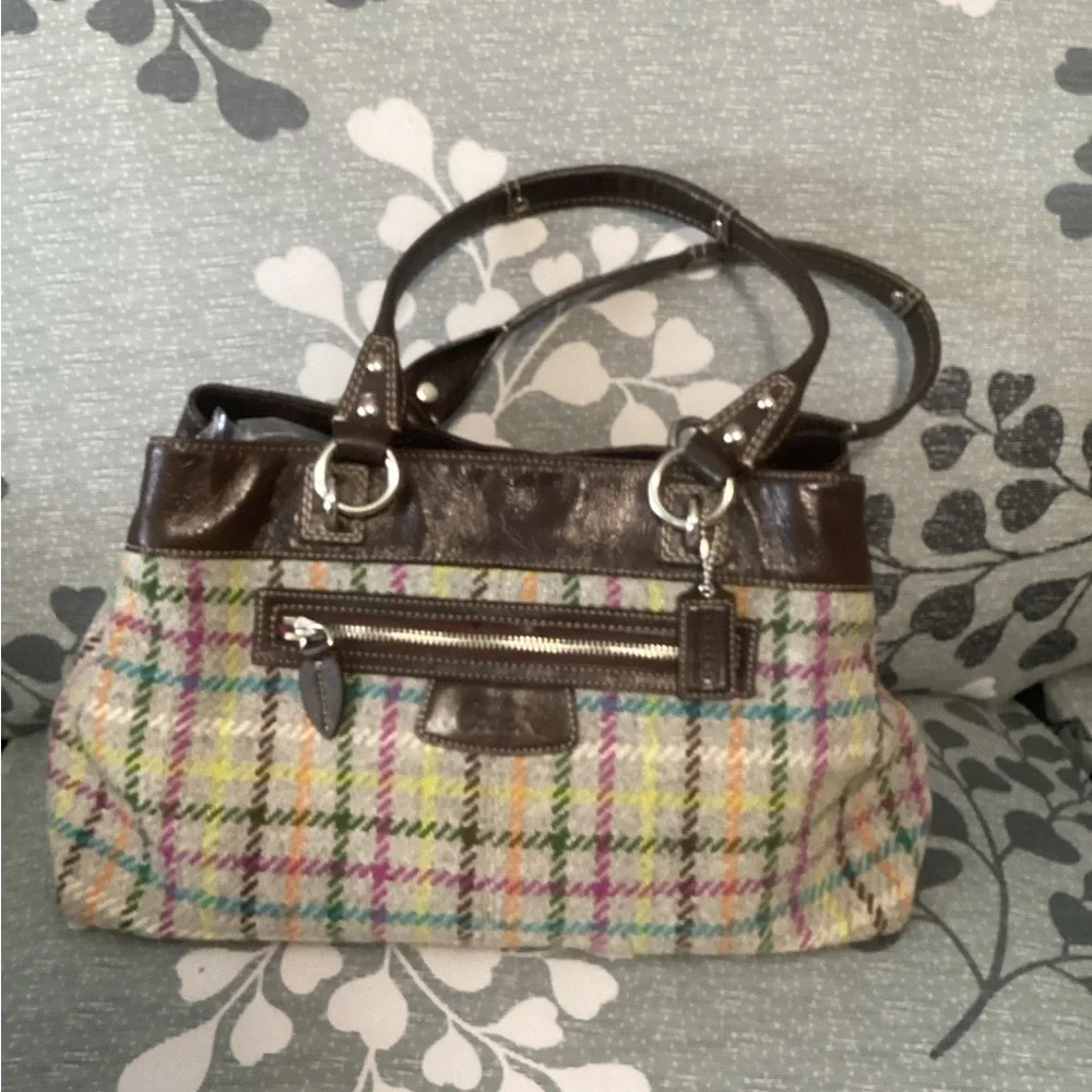 Coach F15456 Plaid Wool Leather Trim Satchel Brown Multicolor Fall Bag